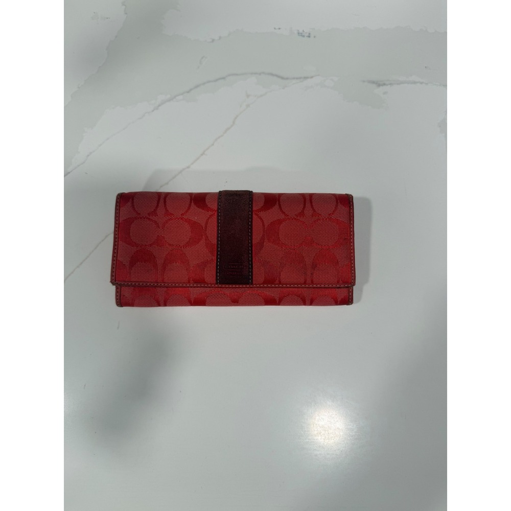 Coach Signature Jacquard Red Suede Stripe Long Tri-Fold Wallet Monogram Canvas - Picture 1 of 13